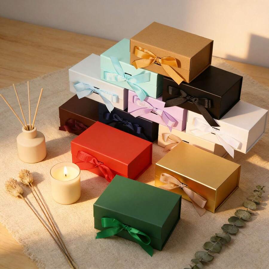 1pc Ribbon Gift Box With Bow Folding Box Style Cosmetic Gift Box For Birthday Presents And Holiday Gifts Back To School Valentine Day - Yellow - View 1