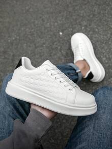 Men's Personalized Couple Style Black & White Contrast Random Embossed Design Casual Sneakers, Fashion Minimalist Lace-Up Classic Leather Comfortable Casual Walking Shoes - White and Black - View 8
