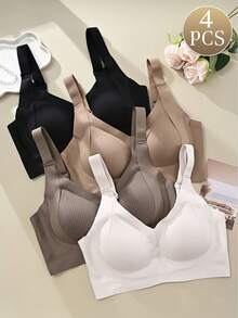 4-Piece Plus Size Bra, Seamless Breathable Wireless Sports Bra For Women - Full Coverage Design, Anti-Slip Material, With Lifting And Support Functions, Comfortable To Wear, Ribbed Details, Made Of Nylon And Elastic Fiber Blend, Hand Wash. Elegant Solid Color Design.Plus Size Lingerie - 彩色 - 查看 7
