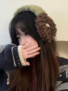 1件装女士毛绒耳罩，交叉毛领，彩色波点纱线围巾，冬季保暖，户外骑行适用，时尚百搭领带