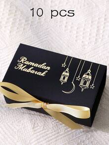 10pcs Eid Mubarak Candy Boxes - Gold Lantern & Crescent Moon Pattern, Rectangular Paper Boxes With Ribbons, Ramadan Holiday Party Candy Containers, Suitable For Eid Al-Fitr. - Multicolor - View 11