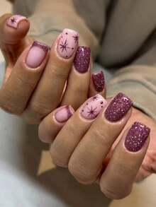 Instantly Upgrade Your Look With 24pcs Short Square Nail, Modern And Fashionable Nail Patch, Purple French Starry Polka Dot Fake Nail, Silver Glitter Decoration, Y2k Nail Set, Suitable For Office Women, Daily, Dating, Party, Holiday Nail Supplies Nails - Multicolor - View 2