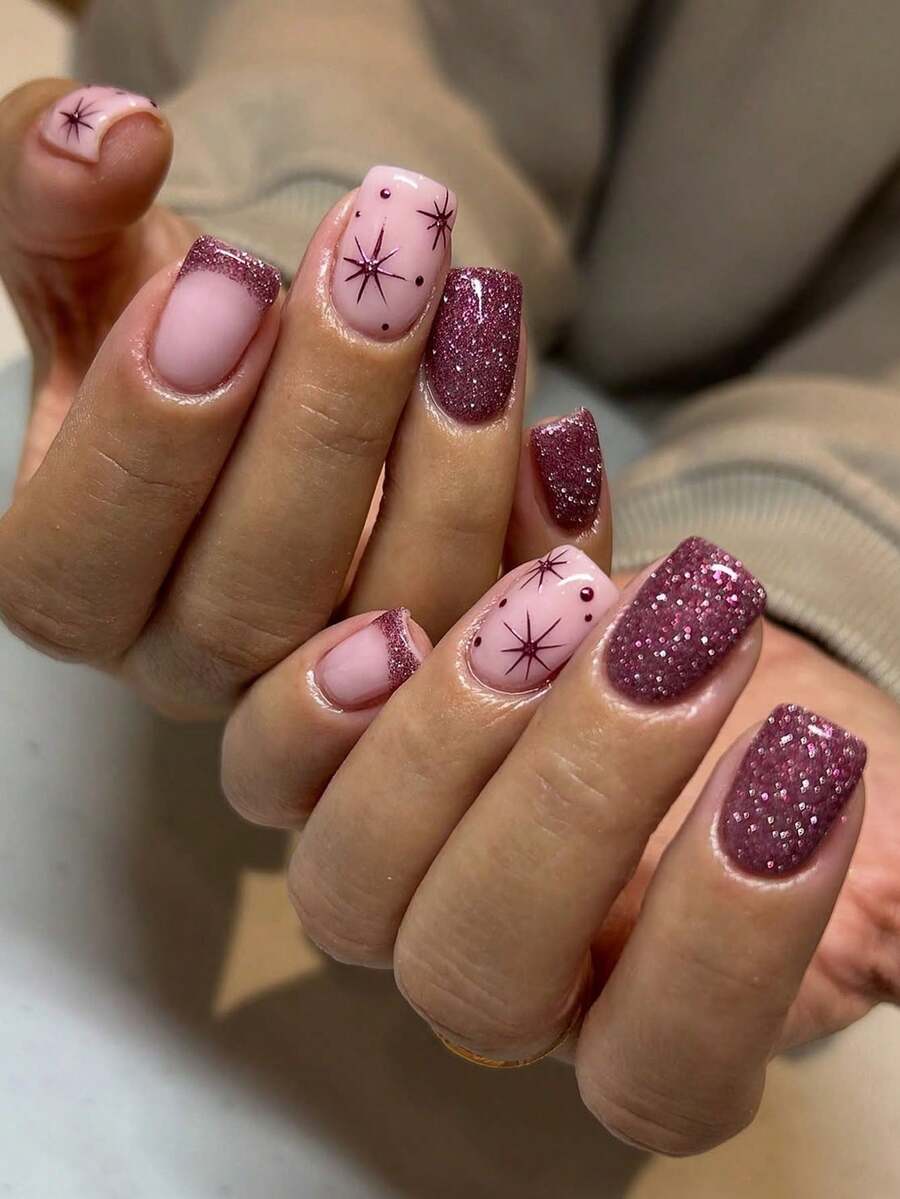 Instantly Upgrade Your Look With 24pcs Short Square Nail, Modern And Fashionable Nail Patch, Purple French Starry Polka Dot Fake Nail, Silver Glitter Decoration, Y2k Nail Set, Suitable For Office Women, Daily, Dating, Party, Holiday Nail Supplies Nails