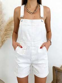 Women's Overalls With Simple Colors, Casual, Everyday, Simple And Fashionable Pockets - White - View 5