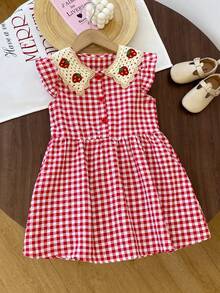 Abito estivo casual da ragazza con stampa a fragole, colletto ricamato a quadri e maniche a cappuccio - Rosso - Visualizzare 1