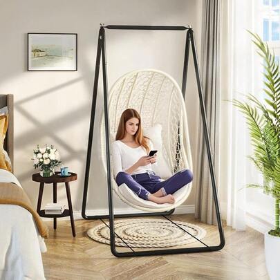 Hammock Chair Stand Only Heavy-Duty Metal Swing Seat Frame Anti-Deformation 220lbs Capacity Indoor/Outdoor Use A-Shaped Swing Stand Adjustable Height Non-Slip Rubber Fee Black