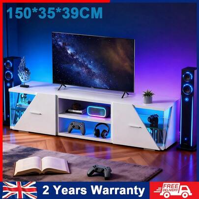 OYAJIA High Gloss TV Cabinet Stand, 150cm Modern TV Unit With LED Light Entertainment Unit Cupboard With Storage Furniture For Living Room Bedroom For 32 40 43 50 55 60 65 Inch 4k TV, White,USB Powered