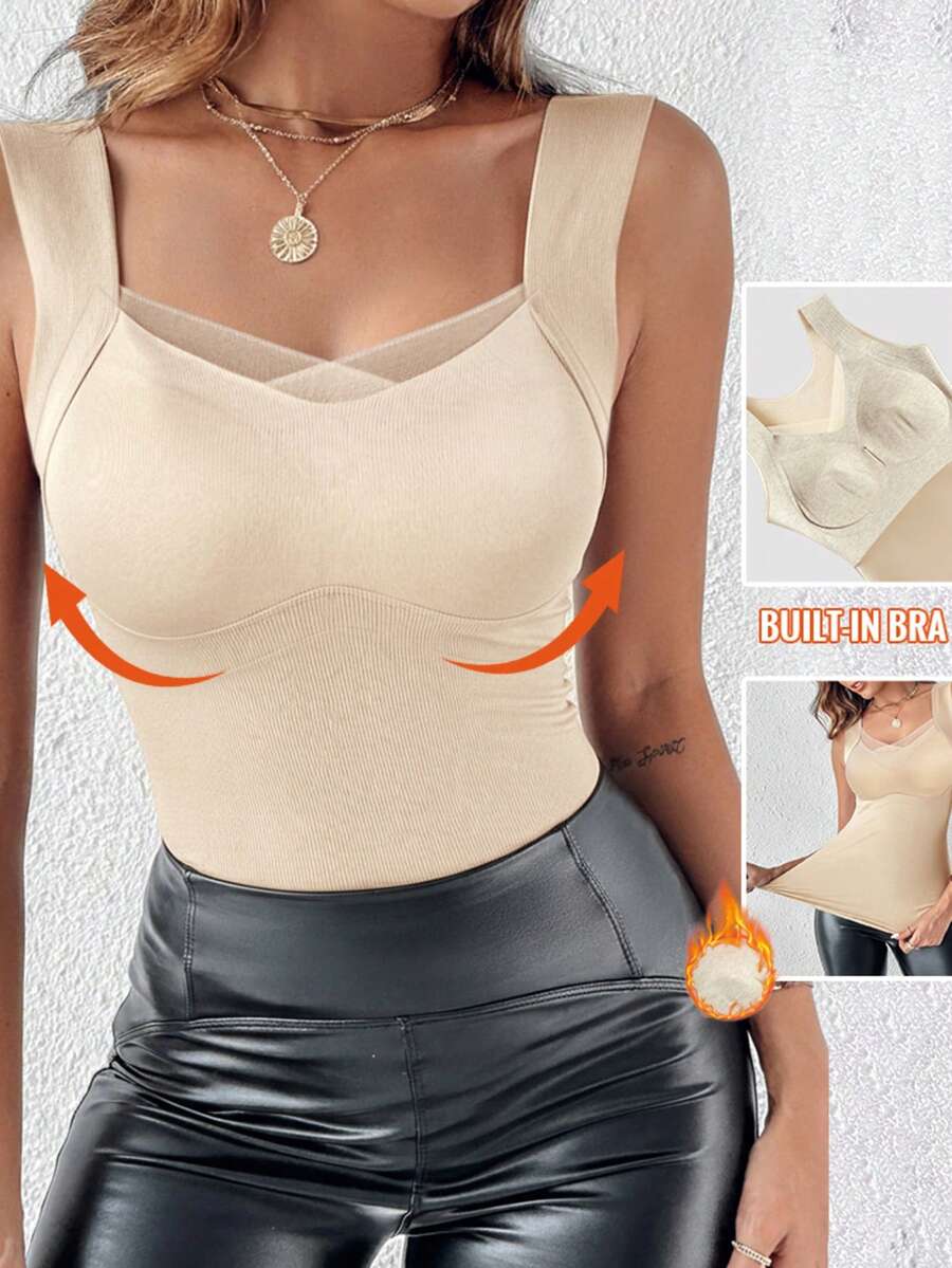 ChicMe Biustonosz termiczny damski z podszewką, wkładaną siateczką, z dekoltem w serek, bez rękawów, dopasowany, swobodny, wygodny, do noszenia na co dzień