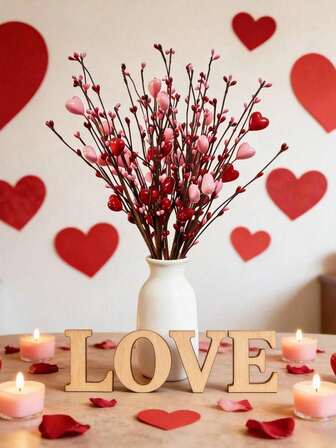 8pcs Valentine's Day Decorations, 14.96inch Pink And Red Heart-Shaped Berry Branches, Artificial Red Berry Flower Stems, Suitable For Valentine's Day Party Decoration, Gifts, Wedding Decoration, Candlelight Dinners, Anniversaries Decor, Home Decor