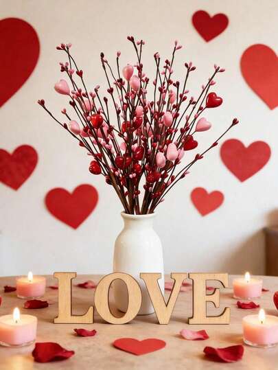 8pcs Valentine's Day Decorations, 14.96inch Pink And Red Heart-Shaped Berry Branches, Artificial Red Berry Flower Stems, Suitable For Valentine's Day Party Decoration, Gifts, Wedding Decoration, Candlelight Dinners, Anniversaries Decor, Home Decor