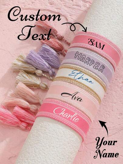Bracelet personnalisé avec nom tissé, bracelet à gland DIY, cadeau commémoratif de vacances, bracelet d'amitié personnalisé à gland, bracelet avec nom personnalisé pour la fête des mères, bracelet de couple de style bohème coloré brodé, bracelet de couple réglable multicolore, cadeau d'anniversaire personnalisé, bracelet de Noël, bracelet étudiant de mode personnalisé, bracelet dopamine coloré, bracelet tressé personnalisé
