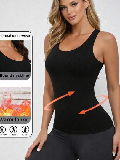 1件秋冬季抓绒圆领无袖背心，修身休闲运动打底衫，女士款，抓绒