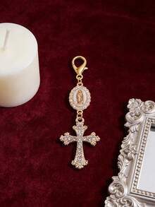 1pc Christian Charm Keychain, Decorated With Religious Cross, Pearl And Diamond Charms - Cross Keychain, Bag Charm, Cross Pendant, Decorative Wallet Backpack Accessory, Earphone Case Accessory, Keyring With Clasp For Luggage And Car - Single Jewelry Piece, Inlaid With Pearl, Diamond And Romantic Elements