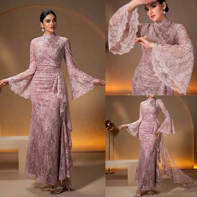 Elegant Women's Long Sleeve Stand Collar Dress, Waist-Cinching Slimming High-End Luxurious Formal Evening Gown, Solid Color Sexy Ribbed Formal Banquet Wedding Dress