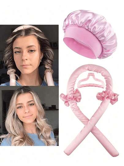 Set de 5 piezas de rizador de pelo sin calor, incluye: rizador de pelo sin calor, gorro de satén para dormir, diadema sin calor, scrunchies para el cabello, gorro de dormir suave, herramienta de peinado flexible, adecuado para mujeres con cabello largo para crear peinados ondulados