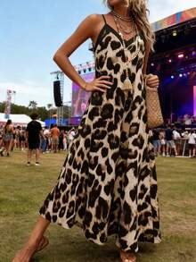 Đầm nữ thời trang họa tiết da báo không tay cổ chữ V, dây đeo vai mảnh có thể điều chỉnh, đầm họa tiết da báo - Màu Khaki - Xem 4