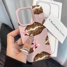 Leopard Lips Phone Case, Chic Style, For Compatible With IPhone 17/17pro/17promax/17Air/Iphone16/16pro/16plus/15/15promax/15pro/11/12/13/14promax/12mini/13mini/11pro/11promax/12pro/12promax/13pro/13promax/14pro/14promax, Fashionable Gift, Cute Bow Design Present - Màu Hồng baby - Xem 1