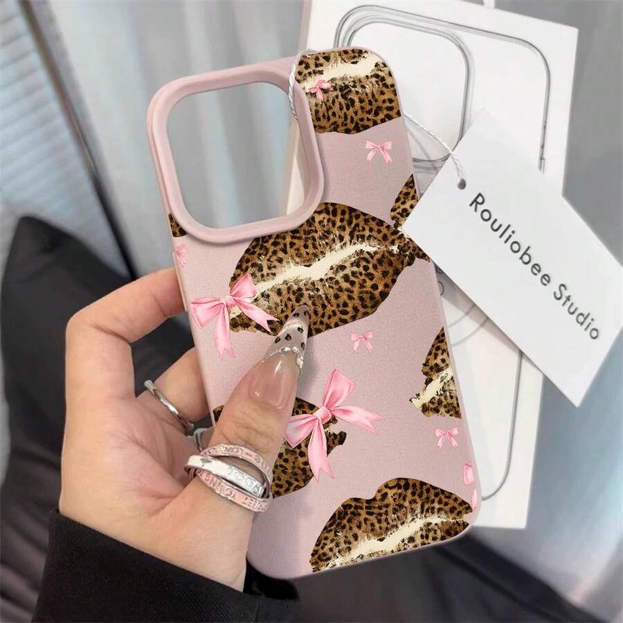 Leopard Lips Phone Case, Chic Style, For Compatible With IPhone 17/17pro/17promax/17Air/Iphone16/16pro/16plus/15/15promax/15pro/11/12/13/14promax/12mini/13mini/11pro/11promax/12pro/12promax/13pro/13promax/14pro/14promax, Fashionable Gift, Cute Bow Design Present - Màu Hồng baby - Xem 1