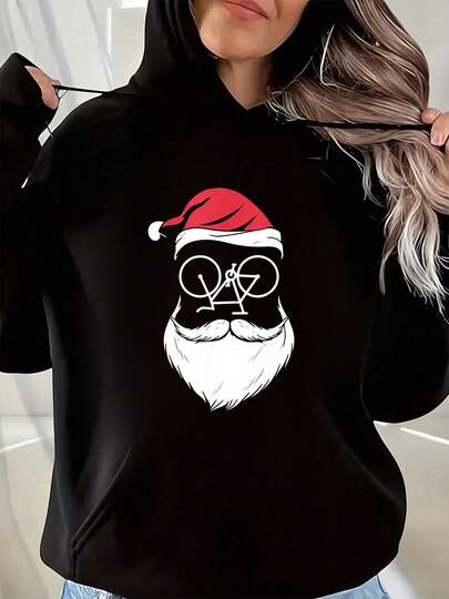 Santa Hat Glasses Beard Pattern Hooded Sweatshirt Streetwear Fashion Homme Soft Unisex