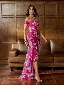 Faeriesty Elegantes Maxikleid mit regulärer Schulter und Blumenmuster: Offene Schulterausschnitt, Wickeldesign vorne, hoher Schlitz, fließender Chiffon-Stoff, durchgängiger botanischer Muster, offener Rücken, Taillenverzierung - perfekt für Hochzeitsgäste, Braut-Fotoshooting, Frühlingszeremonie, formelles Abendessen, romantische Ausflüge - Heißes Pink - Übersicht 6