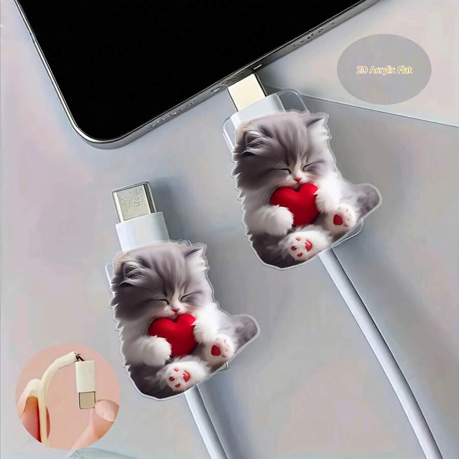 2pcs Cute Cat Holding Heart Shaped 2D Flat Cable Protector, Anti-Breaking, Type-C Phone Data Cable Protector, Stylish And Durable - Type-c - View 1