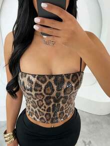 Camiseta de tirantes con lentejuelas de calidad, suave y cómoda, con estampado de leopardo vintage, elegante y casual, ideal para ir y venir, fiestas, bodas, cumpleaños, festivales de música country y talla grande ocasiones - Negro - Ver 1