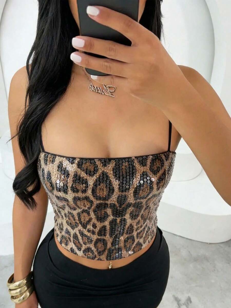 Camiseta de tirantes con lentejuelas de calidad, suave y cómoda, con estampado de leopardo vintage, elegante y casual, ideal para ir y venir, fiestas, bodas, cumpleaños, festivales de música country y talla grande ocasiones - Negro - Ver 1