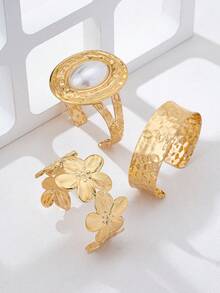 3pcs/Set Rivet Flower Ruffle Faux Pearl Metal Geometric Bracelet Set For Women, Jewelry Accessories - Yellow Gold - View 3