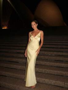 Elegant Sexy Long Bridesmaid Dress, Sleeveless Woven Fabric, Spaghetti Strap Backless Design, Women Formal Dress - Creamy Yellow - View 4