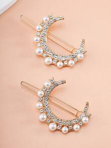 2pcs Girl's Rhinestone Moon Hair Clips, Faux Pearl Bangs Clips, Fashionable & Cute, Suitable For Daily Or Party Use - Multicolor - View 3