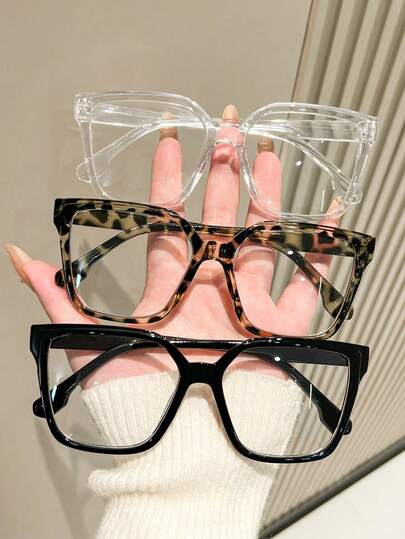 3pcs Women Leopard Print Bohemian PC (Polycarbonate) Square Oversized Transparent Glasses, All Seasons
