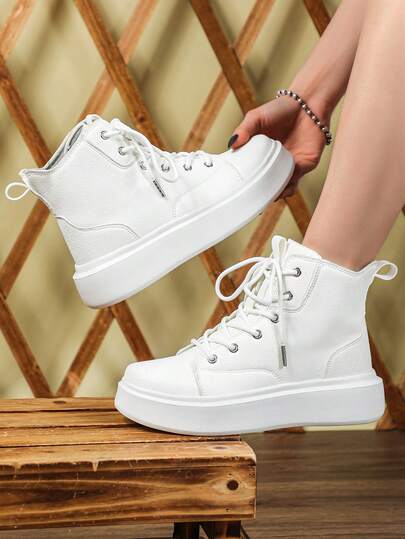 Women's Fashionable High-Top Ankle-Support Casual Sneakers, White Minimalist Modern Women's Boots, Thick-Soled, Lightweight, Comfortable, And Durable Fashion Shoes, Stylish And Vintage-Inspired Women's Shoes. Suitable For Daily Wear, Commuting, Travel, Versatile With Pants Or Skirts, Wearable In All Seasons.