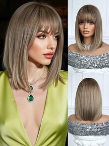 14英寸渐变棕金色女士假发，短直波波头刘海假发，耐热合成纤维，女士基础款波波头刘海假发，金色假发，哑光质感，高温丝，玫瑰网帽，自然逼真，新手必备，高品质，佩戴舒适，送给女朋友的礼物，完美适用于音乐节、日常佩戴、婚礼、万圣节、圣诞节、母亲节和毕业典礼等场合，时尚必备单品 - 金色 - 查看 7