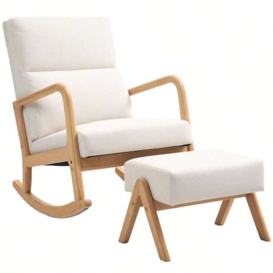 Rocking Chair With Footrest, Recliner In Linen Look, Rocking Chair With Wooden Legs, Rocking Chair For Bedroom And Living Room, Maximum Load Capacity 150 Kg, Cream White - White - View 1