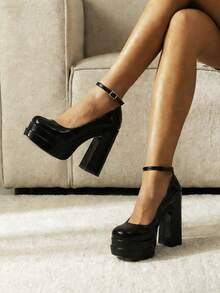 Platform High Heels For Women Chunky Heeled Mary Janes Heels Closed Toe Adjustable Ankle Strap Y2K Shoes - 黑色-1 - 查看 3