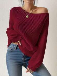 V-Neck Casual Loose Pullover Knit Sweater, Long Sleeve Women Knitwear - Red - View 2