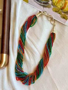 1pc Bohemian Multi-Layer Beaded Necklace, Fashionable Collarbone Chain, Retro Luxurious Elegant Necklace Accessory - Multicolor - View 7