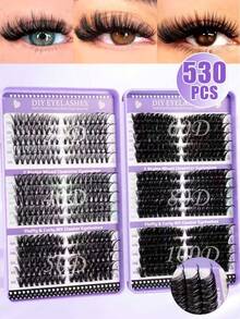 640片装（10D+20D+30D+40D、30D+40D+50D+60D、50D+60D+80D+100D）卷翘簇状假睫毛套装，包含新手友好型假睫毛教程，蓬松DIY分段式假睫毛，配有胶水、卸妆液、镊子、睫毛刷，可重复使用，大容量单片假睫毛套装 - 黑色 - 查看 5