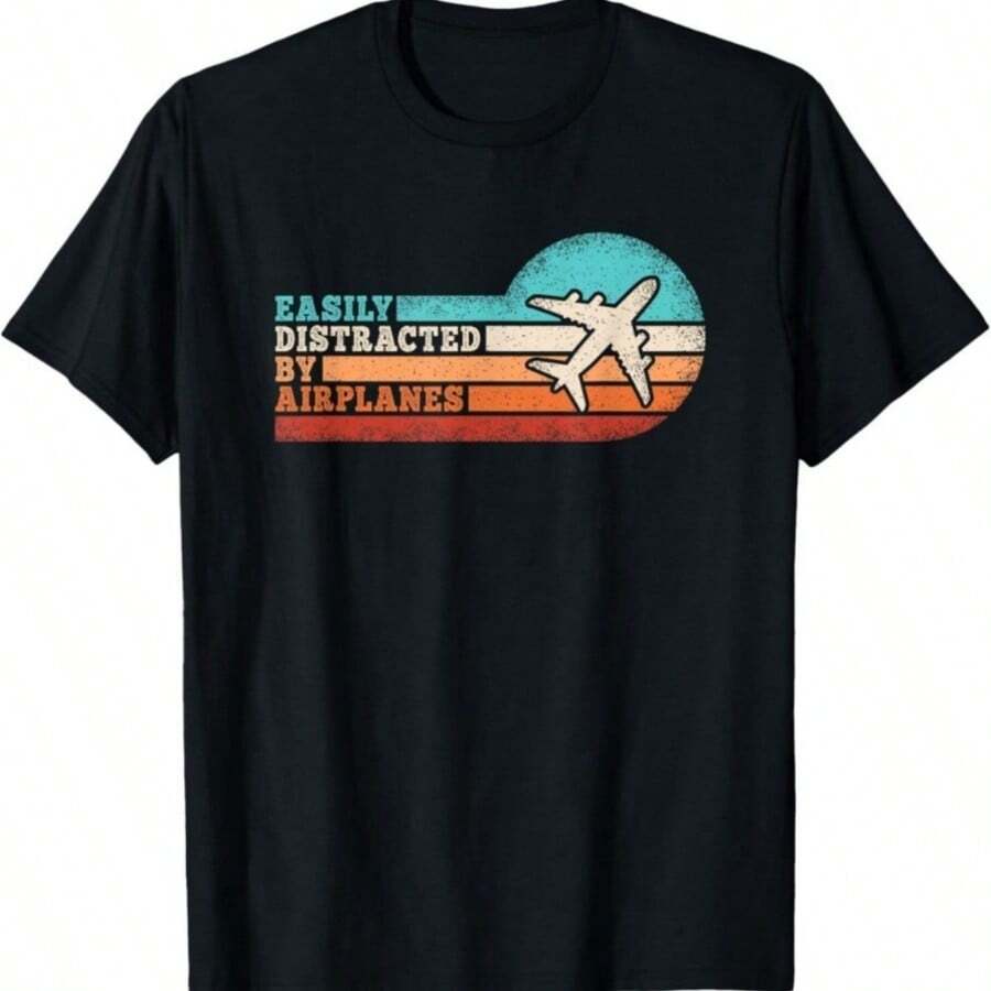 Easily Distracted By Airplanes Funny Pilot Aviation Plane Gift Unisex T-Shirt - 黑色 - 查看 1