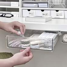 1个透明抽屉收纳盒，塑料材质，适用于化妆品、文具、办公用品等，家庭办公室收纳风格，透明网格图案，桌面/壁挂式收纳盒，适用于办公室、学生书桌、浴室、厨房台面抽屉收纳，家居收纳必备品