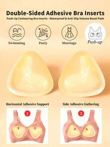 1对隐形硅胶提拉胸垫，防水可重复使用乳贴文胸垫，适用于泳装、露背连衣裙 - 杏色 - 查看 2