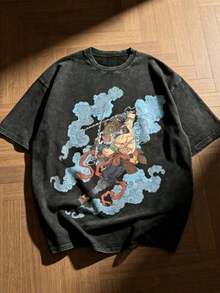 Men's Washed T-Shirts, Featuring Anime Character Prints, Mythological Warrior Prints, Hip-Hop Cool Style, Retro Casual Fashion  Tops, And A Comfortable Perfect Gift. - 黑色 - 查看 2
