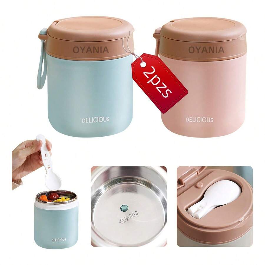 TendenciaOyania 2pzs Termo De Acero Inoxidable 430ml Para Comida Termo Para Sopa Y Comida Caliente Y Fría Con Tapa A Prueba De Fugas,con Cuchara Plegable Con Asa Para Niños Y Adultos, Trabajo Y La EscuelaCalidad premium - 1 - Ver 1