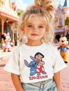 Disney Girls' T-Shirt, Creative Lilo & Stitch Alphabet Cartoon Double-Sided Print, Summer Girls' Cotton Crew Neck Short Sleeve, Perfect For Everyday Wear, Vacations, Outdoor Activities, And As A Gift For Kids. - 白色 - 查看 2