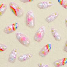 Almond Press On Nails Medium Fake Nails With White Clouds Designs Stick On Nails Color Bubble Fake Nails Full Cover Acrylic Rainbow False Nails Oval Glue On Nails For Women And Girls Date Night 24Pcs - Màu 15 - Xem 4