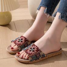 OBOVAY 女士夏季新款波西米亚风露趾拖鞋，男女通用休闲家居拖鞋，沙滩凉鞋，大码 - 酒紅色 - 查看 11