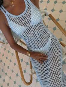 Women's New Vacation Style Elegant Sweet Sexy Hollow Out Sheer Knit Sleeveless Dress - Blue - View 3