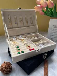 1个大容量植绒首饰盒，首饰收纳盒，项链、耳环、手链、戒指首饰盒，优雅法式风格，金色首饰盒，奢华多层可锁首饰收纳盒，防氧化手链、耳环、项链首饰盒，多隔层多层戒指、手链、吊坠首饰收纳盒，首饰手提箱