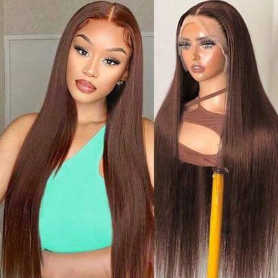 Chocolate Brown Straight Hair Wigs Full Bone Straight Blended Hair Wig 13x4 Transparent Lace Frontal Wig With Full Edges Baby Hair Pre Plucked Colored Lace Frontal Wigs For Women Daily Use 13X4 Straight Wigs
