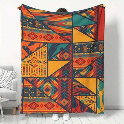 1pc Geometric Pattern Blanket - Modern Style Sofa Blanket, Featuring Authentic Cultural Patterns, Suitable For Various Beddings And Sofa Decor, With Multi-Functional Warming Properties